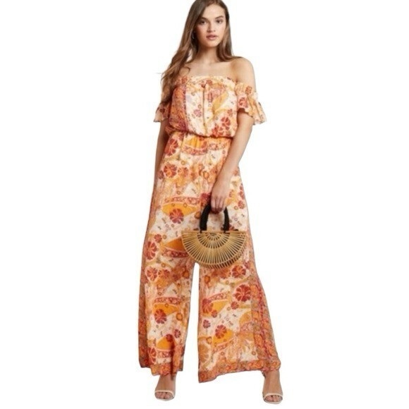 Free People Carmen Boho Floral Orange Jumpsuit Flowy size small - Picture 2 of 13